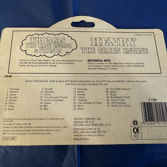 1993 Thomas & Friends HENRY DIE-CAST Train No. 3 by ERTL 1191 New Vintage SEALED